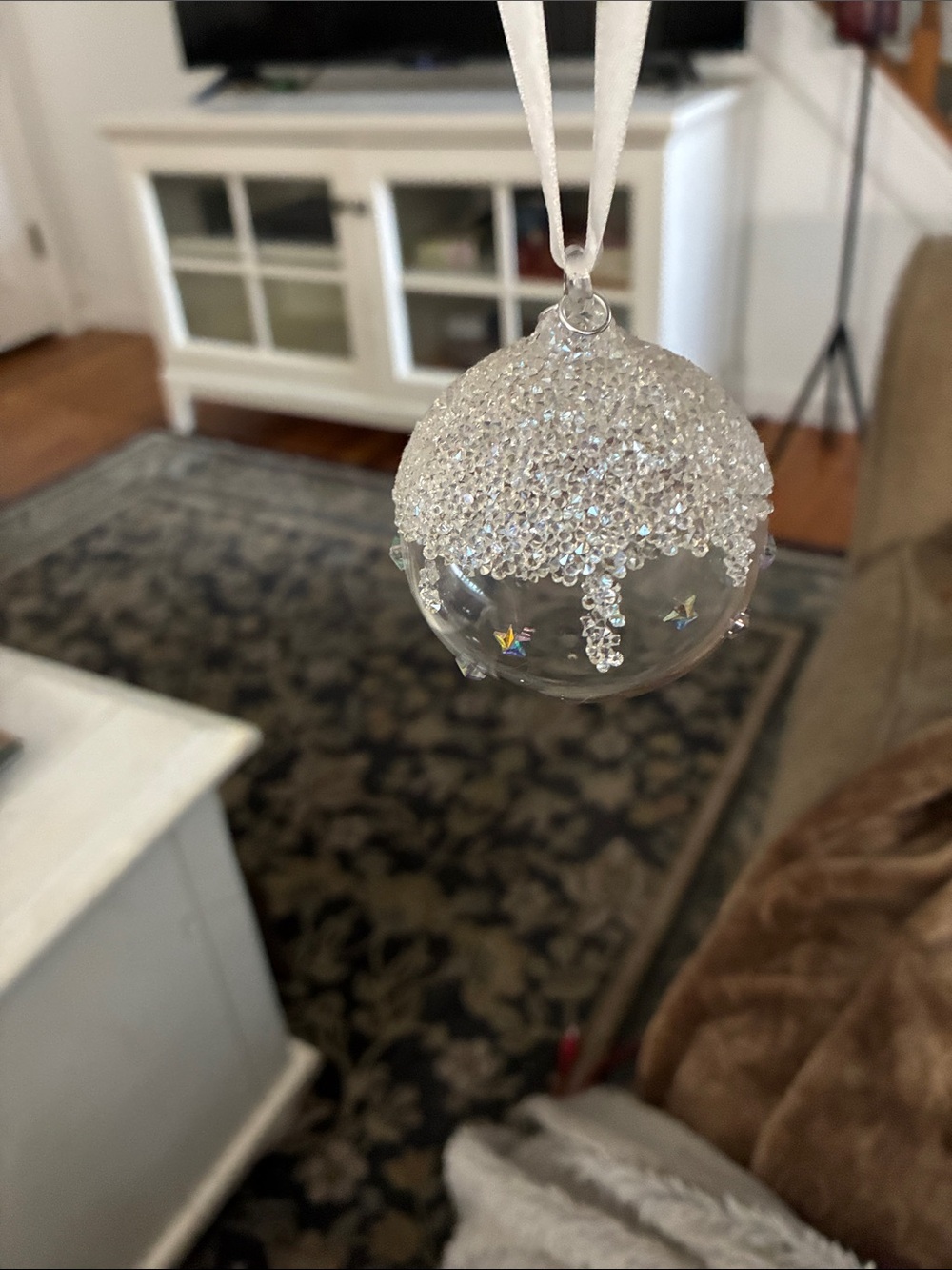 Swarovski Clear Crystal Bead Holiday Ornament with White Ribbon